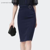 Elegant Sexy Ladies Dark Blue Pencil Skirt Metal Buckle Design Knee-Length Summer New High Waist Slim Female Office Bottoms