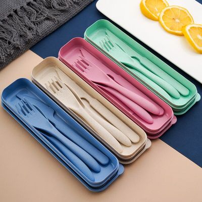 4 Color Creative Portable Wheat Cutlery With Case Eco Fridendly Knife Fork Spoon Set For Student Canteen Travel Camping Flatware Sets