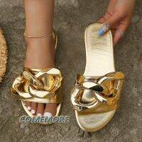 Hot sell 2023 Summer New Round Toe Open-toe Sandals and Slippers Designer Womens Metal Large Chain Flats Fashion Flip Flops Woman Shoes