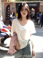 ☁ White right shoulder short-sleeved t-shirt for women in summer 2023 new style loose slim and chic V-neck French top