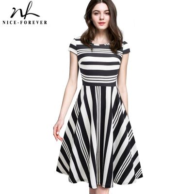 Nice-forever Vintage Stripe Print Casual Summer vestidos Business Party A-Line Swing Flare Women Dress btyA153