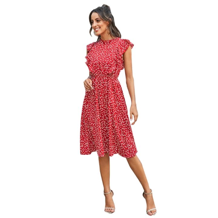 ผู้หญิงฤดูร้อน-dot-พิมพ์เร้าใจสำหรับแขนผีเสื้อ-midi-ยาวชุดแฟชั่น-a-line-สบายๆหลวมพอดีสีแดงชีฟอง-s-undress