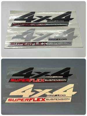 สติ๊กเกอร์แบบดั้งเดิม คำว่า 4×4 DIFF-LOCK SUPERFLEX SUSPENSION สะท้อนแสง 3M ติดแก้มท้ายรถ TOYOTA REVO ปี2021 ปี 2021 sticker ติดรถ แต่งรถ สวย งานดี หายาก