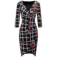 ZZOOI Vintage Women Sexy V Neck Ruched Ruffle Black Floral Dress Elegant  Party Sheath Fitted Dress EB419