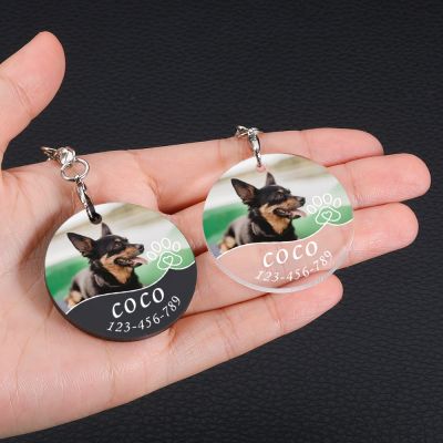 Pet ID Tag Acrylic Personalized Dog Tag with Colorful Photo Engraving Customized Name Number Plate Anti-Lost Pet Collar Pendant