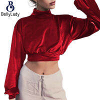 90%polyester 10%spandex Women Fashion Turtleneck Velvet Cropped Navel Thin Sweatshirt【fast】