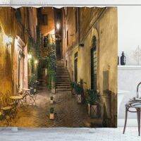 【CW】ஐ卐▦  Italian Shower Curtain Old Courtyard  Rome Chairs Houses Street View Set Hooks