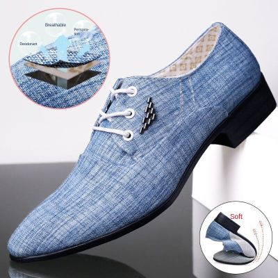 ผ้าใบ Derby รองเท้าบุรุษรองเท้างานแต่งงานผ้าใบ Casual Flats ชายรองเท้าอย่างเป็นทางการ Mixcolor Loafers Chaussures Hommes สีฟ้าใหม่