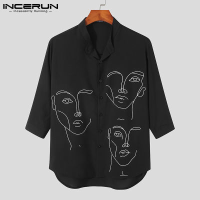 INCERUN เสื้อทีเชิ๊ตแขนยาว3/4องศาสำหรับผู้ชายเสื้อพิมพ์ลายเสื้อลำลอง Hippy Button Up เสื้อยืด (สไตล์เกาหลี) #2