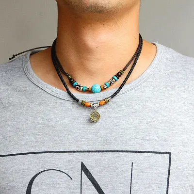 Vintage Coin Pendant Vintage Rope Necklace Coin Pendant Necklace Beaded Multilayer Necklace Leather Rope Necklace