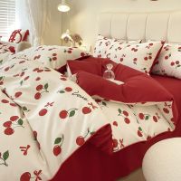 [COD] Newlywed cherry trimming wedding four-piece set big red dowry marriage bed room happy quilt bedding