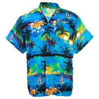 Size S เสื้อเชิ้ตฮาวาย Hawaiian Shirt Aloha Sea View Sailboat Coconut Beach Holiday Blue HW267c เสื้อสงกรานต์ เสื้อลายดอก