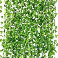 【cw】12PC Artificial Plants Ivy Greenery Garland Christmas Green Leaf Hanging Fake Vine for Home Garden Wedding Party Wall Room Decor ！