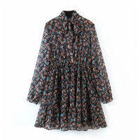 Aachoae Womens Floral Dress Bow Tie Neck Vintage Pleated Dress See Through Sleeve Print Mini Dress Casual Sundress Vestidos