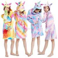 [Xiaoli clothing] Rainbow Unicorn Kigurumi เสื้อคลุมอาบน้ำเด็กผู้หญิงเด็กสัตว์การ์ตูนชุดนอนเด็กเสื้อคลุมอาบน้ำสำหรับ4 6 8 10 12ปี Hooded Kimono