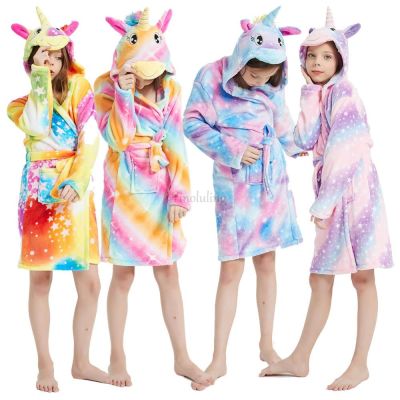 {Xiaoli clothing} Rainbow Unicorn Kigurumi เสื้อคลุมอาบน้ำเด็กผู้หญิงเด็กสัตว์การ์ตูนชุดนอนเด็กเสื้อคลุมอาบน้ำสำหรับ4 6 8 10 12ปี Hooded Kimono