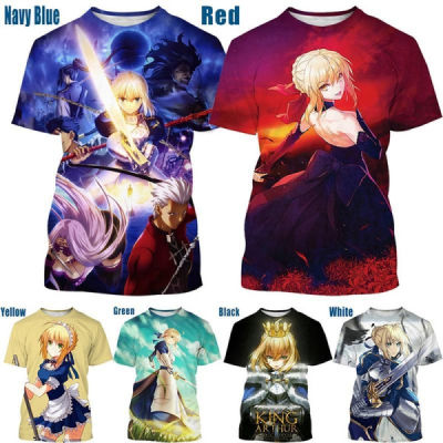 2023 Summer Fashion New Game Fate Stay Night 3D Printing Mens Short-sleeved T-shirt Saber Personality Harajuku Style Unisex Casual Round Neck Sports T-shirt Top Streetwear S-5XL
