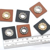 30pcs/lot 27mm square black/brown PU leather sew on Badges patch 17mm metal brass glass rhinestone grommets eyelets 9mm hole