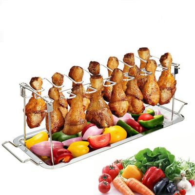 LMETJMA Chicken Wing and Leg Rack 14 Slot Stainless Steel Chicken Leg Grill Rack Chicken Drumstick Roaster For Oven Grill KC0272