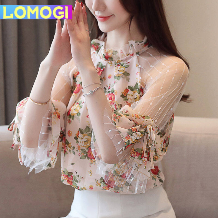 LOMOGI Chiffon Blouse for women new Casual Flower print Lady shirts ...