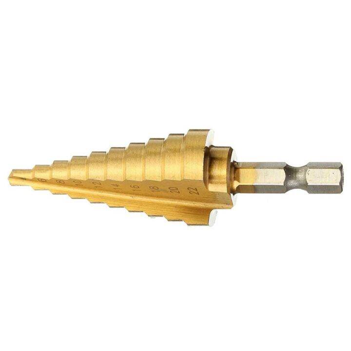 hh-ddpjxcan-1pc-4-22mm-titanium-coated-step-drill-hss-straight-flute-pagoda-drill-hex-shank-woodworking-tool-hole-cutter-hss-drill-bit