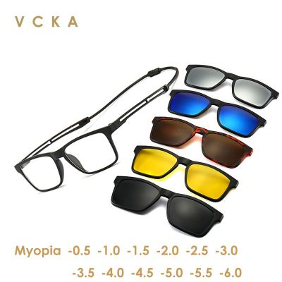 2 VCKA แว่นตากันแดดกรอบแว่นสายตาสั้นเหลี่ยมแม่เหล็ก5 + 1,แว่นตาสปอร์ตผู้ชายผู้หญิงแว่นสายตาสำหรับขับรถ0.5ไป10