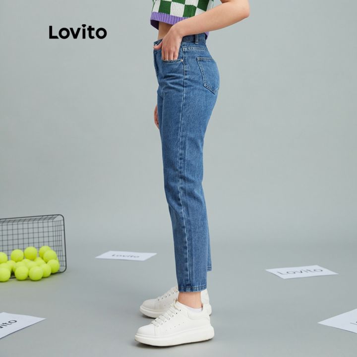 lovito-กางเกงยีนส์-ทรงเอวสูง-มีกระเป๋า-สไตล์ลำลอง-l10055-สีน้ำเงิน