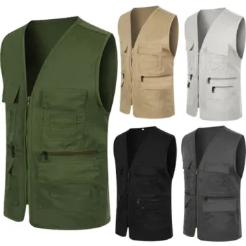 MBBCAR khaki vintage fishing vest for men multi pocket 100% cotton