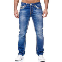 Men Jeans Solid Pockets Stretch Straight Pants Denim Jeans Smart Casual Denim Trousers Daily Streetwear Mens Clothing