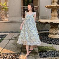 French sweet feifei sleeve dress female temperament of blue green sense of broken flower skirt with shoulder-straps senior tea long skirts in summer