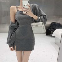 Pure desire design sense of autumn winter wind knitted coat even dress split package hip show thin waist spice two-piece