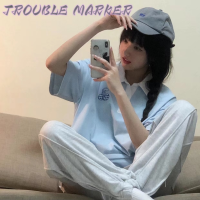 TroubleMaker เสื้อแขนสั้น แขนสั้นเสื้อยืด เสื้อ poloการออกแบบสไตล์วิทยาลัยอเมริกัน วินเทจ 2023 NEW WPL23900EN 36Z230909