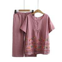 【มีไซส์ใหญ่】Plus Size Women 2pcs Set Wear Short Sleeve Cotton&amp;Linen Embroidery Top + Elastic Waist Cropped Pants Suit Casual SetsTH