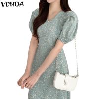 ✠❂₪ VONDA Women Korean Casual V-Neck Puff Sleeves Short Sleeve Floral X-Line Dress