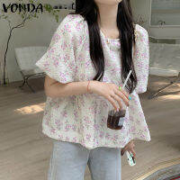 MASHYCHIC VONDA เสื้อยืดคอกลมลำลองสำหรับผู้หญิงเสื้อพิมพ์ลายลายดอกไม้ (ลายดอกไม้เกาหลี)