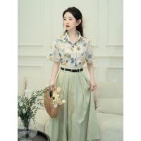 Spot parcel post This Years Popular Beautiful Suit Skirt Summer Western Style Age-Reducing R Hong Kong Style Printed Shirt Pleated Skirt Two-Piece Suit