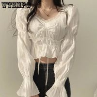 Pleated Lantern Long Sleeve Shirt for Womens New Vintage White Square Collar Blouse Tops Female Drop Shipping