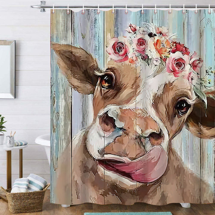 rural-farm-highland-cows-shower-curtains-lnspirational-quotes-flower-wood-board-background-bathroom-decor-waterproof-curtain-set