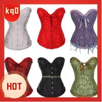 KQ0 กอธิค ชุดแฟนซี ลูกไม้ขึ้นด้านบน Overbust Boned Satin Brocade Stays Corset Waist Shaper Corset Bustier Top