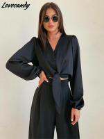 Summer ashion Black Satin Pant Suits V-Neck Long Sleeve Blouse Matching Wide Trousers Suit  Casual Slim Two Piece Set