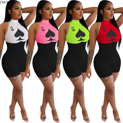 CM.YAYA Women Poker Card Sleeveless Bodycon Sport Jumpsuit Romper Bodysuit Night Club Party Overalls playsuit