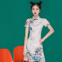 FONELY FAIRY Summer Cheongsam Print Slit Mini Dress 2022 Design Vintage Slim Dresses vestidos Female