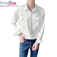 Cozy เสื้อแขนยาวผู้ชาย Slim กระเป๋าตกแต่งสีทึบลำลอง