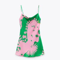 WESAY JESI Womens Clothing ZA Dress Slip Women Pink Satin Dress Woman Green Print Backless Summer Strap Mini Beach Dresses