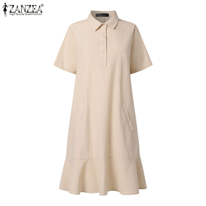 จัดส่งฟรี-fancystyle-zanzea-เสื้อสไตล์เกาหลีของผู้หญิงปกพับลงผ้าฝ้ายชุดเดรสฟูย้อนยุค-8