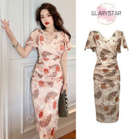 Glary Star ฤดูร้อนใหม่ผู้หญิงอารมณ์พิมพ์เอว Slim French Dress