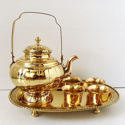 ชุดน้ำชากาโบราณ ทรงฟักทอง ถาดน้ำชาทองเหลืองรูปไข่ 8 x 12 นิ้ว