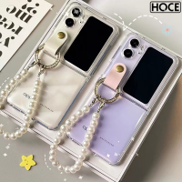 HOCE สร้อยข้อมือไข่มุกหรูกระเป๋าเคสโทรศัพท์โปร่งใสแหวนแบบพกพาสำหรับ OPPO ค้นหา N2พลิกขนาด5กรัมฝาหลังกันกระแทก FindN2Flip เคสกันกระแทกหลุมที่สวยงาม