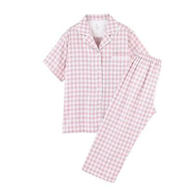 MUJI MUJI MUJI pajamas womens plaid short-sleeved thin summer cotton double-layer yarn mens long shorts home service set