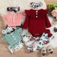 Infant Baby Girl Jumpsuit 3Pcs Suit, Solid Jacquard Long Sleeve O-Neck Ruffle Romper + Floral Print Long Pants + Headband  by Hs2023